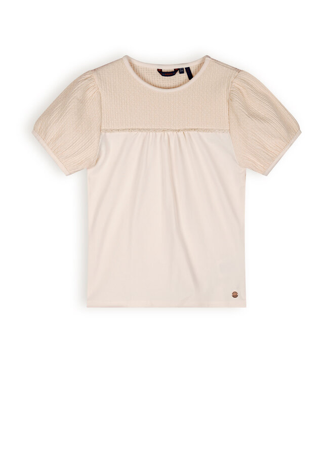 NoNo - T-Shirt Mixed Fabris Puffed Short Sleeves Karen - Pearled Ivory