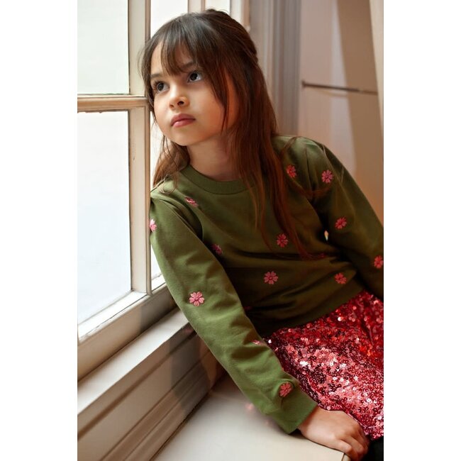 Jubel - Sweater met Borduursels Olijf - Moon Flowers