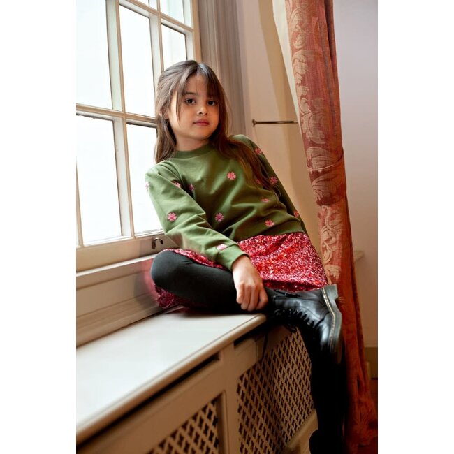Jubel - Sweater met Borduursels Olijf - Moon Flowers