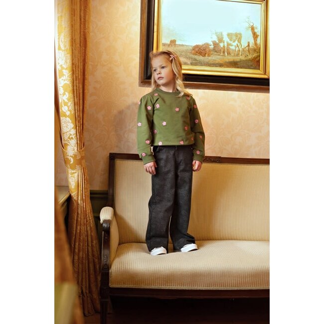 Jubel - Sweater met Borduursels Olijf - Moon Flowers