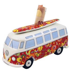 Volkswagen T1 bus rode spaarpot met surfplank
