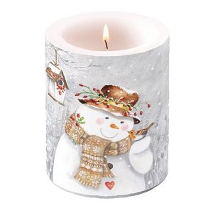 Grote lampionkaars met Snowman Holding Robin Ø 10 cm