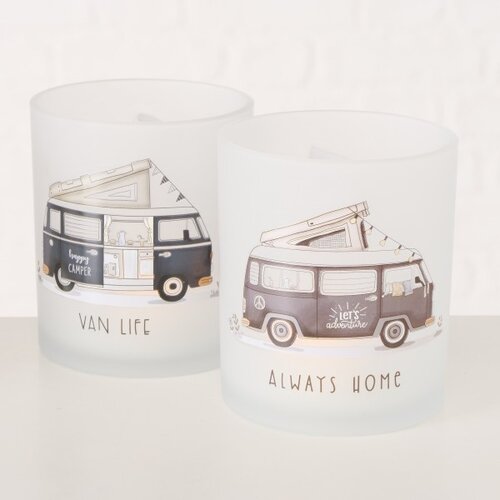 Always Home Let’s Adventure Camper mat glazen windlicht 8,5 x 7 cm