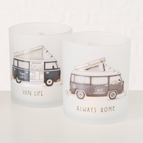 Always Home Let’s Adventure Camper Windlicht aus Milchglas 10 x 9 cm