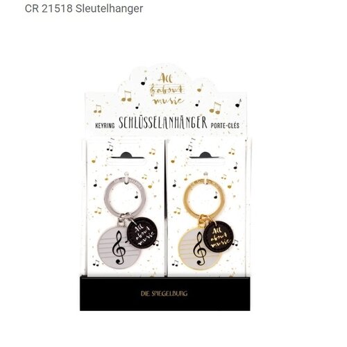 Muzieksleutelhanger ‘All about music’ met muzieksleutel en muzieknoot