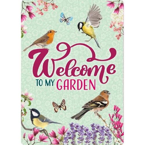 Metalen bord Welcome to my Garden Green 14,8x21 cm