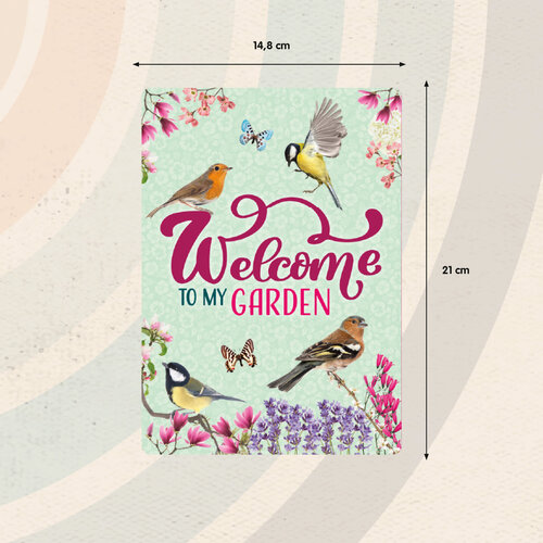 Metalen bord Welcome to my Garden Green 14,8x21 cm
