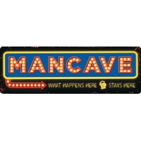 Metalen bord Man Cave What Happens Here Stays Here 27x9 cm