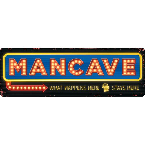 Metalen bord Man Cave What Happens Here Stays Here 27x9 cm