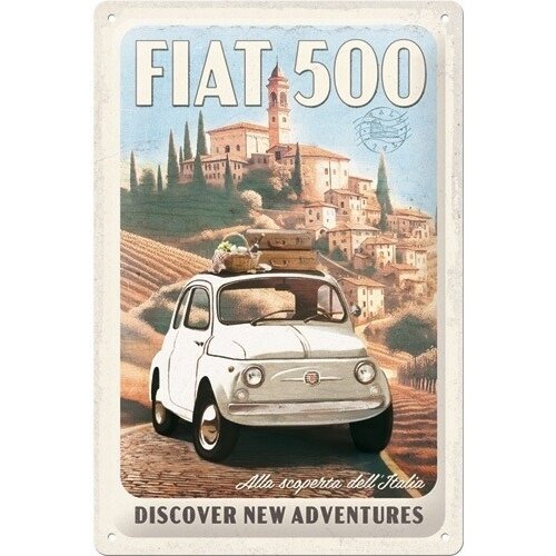 Fiat Fiat 500 Discover new adventures metalen bord 20x30 cm Fiat Fiat 500 Discover new adventures metalen bord 20x30 cm