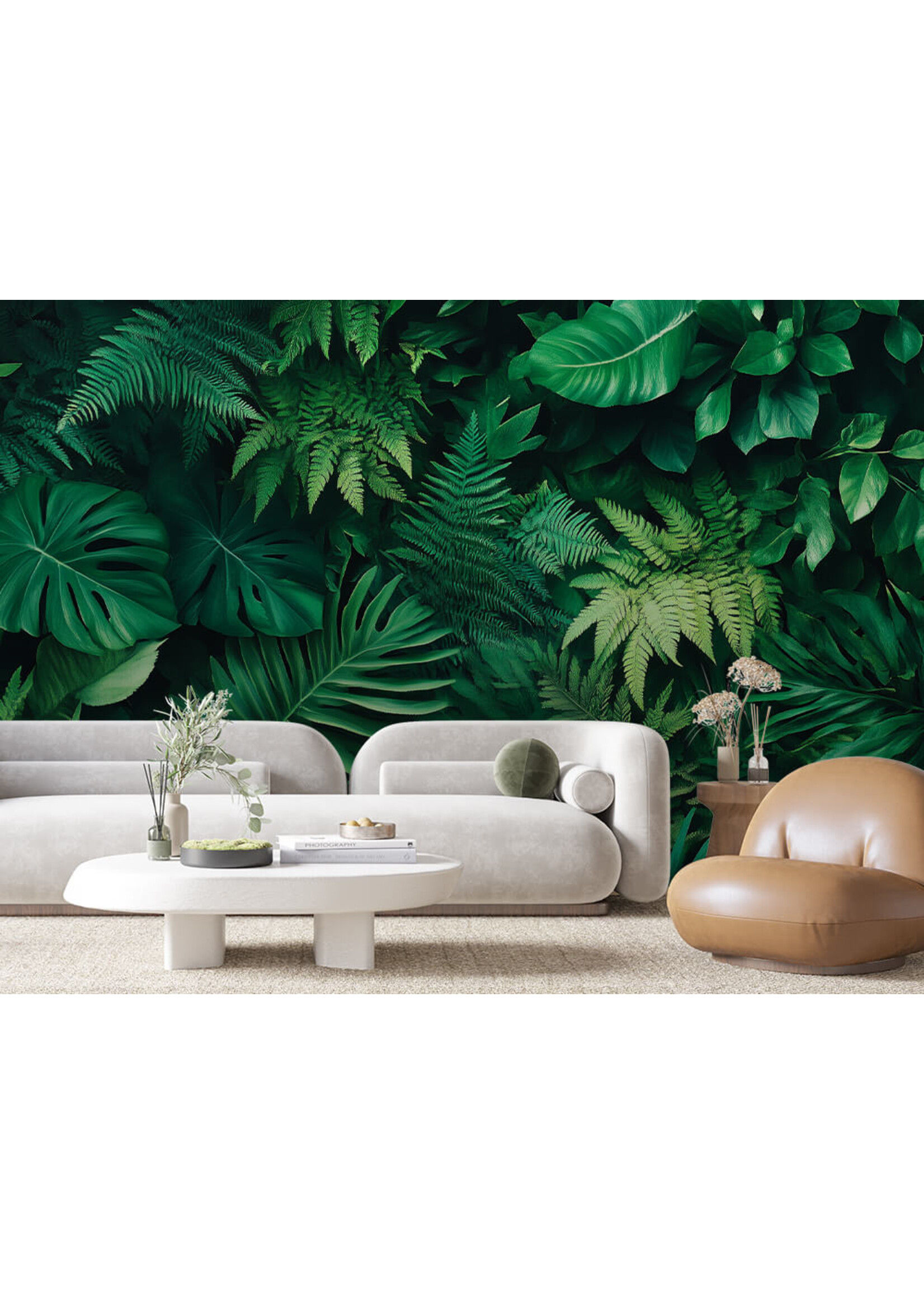 Reclame ABC Non-woven behang met een weelderig groen bladeren design voor een natuurlijke en levendige sfeer in elke ruimte.