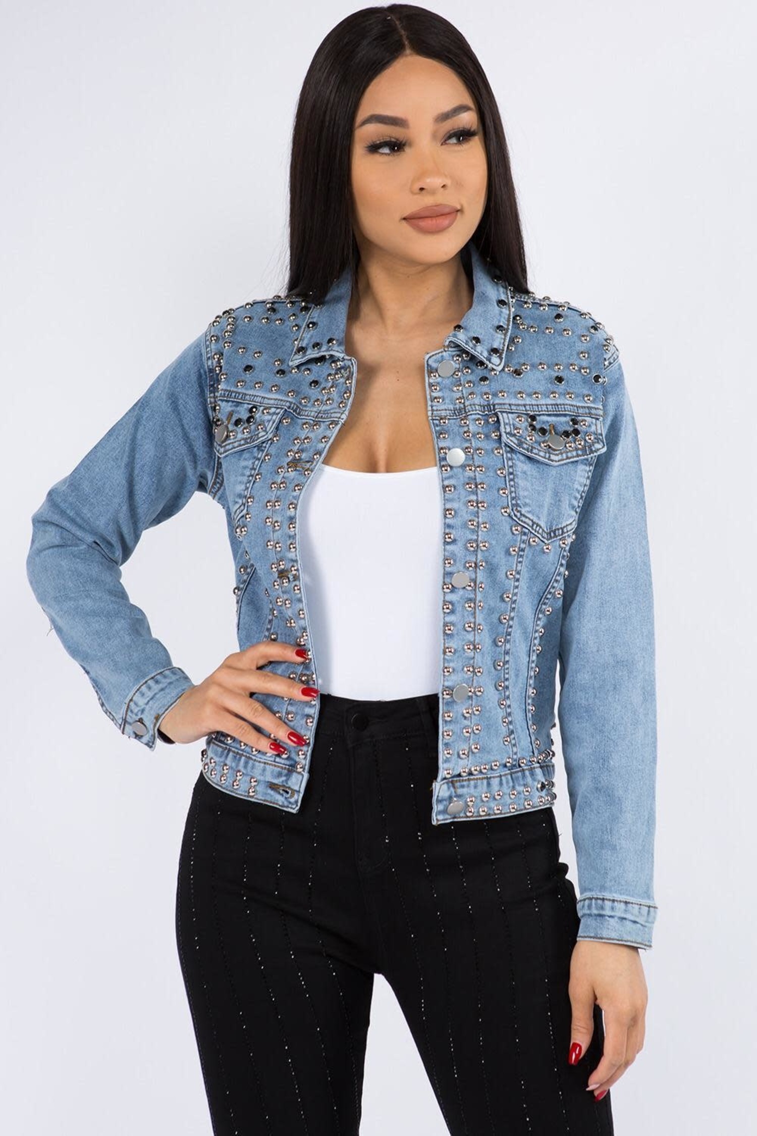 plus size studded denim jacket
