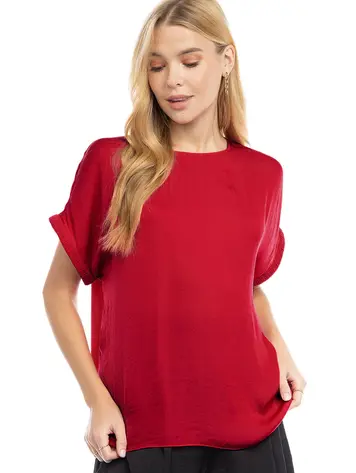 USA Doman Short Sleeve Plissee Blouse-JB116451-Scarlet
