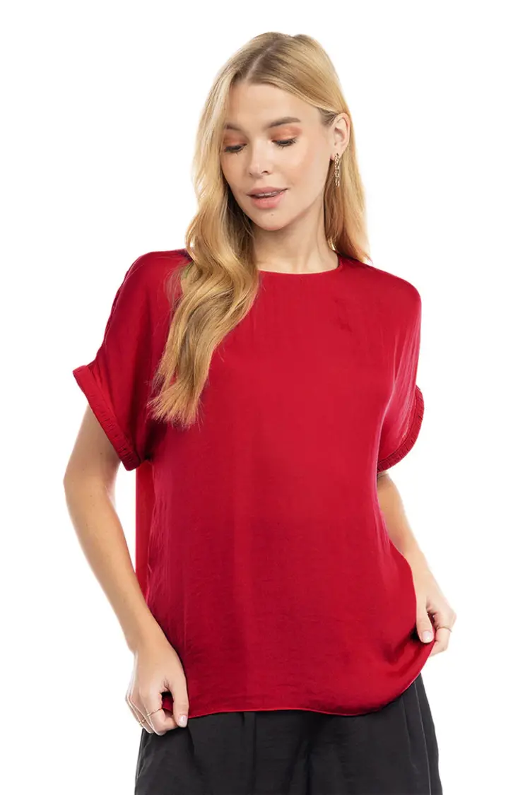 USA Doman Short Sleeve Plissee Blouse-JB116451-Scarlet