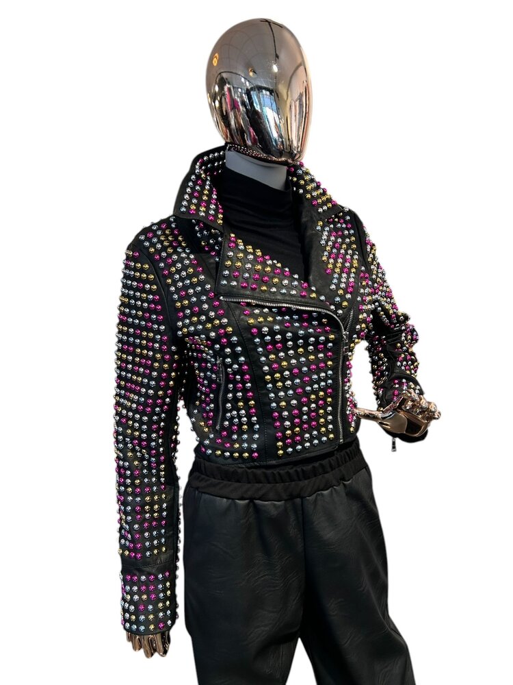 USA Cropped Moto Jacket With Studs -BlackLB282R1