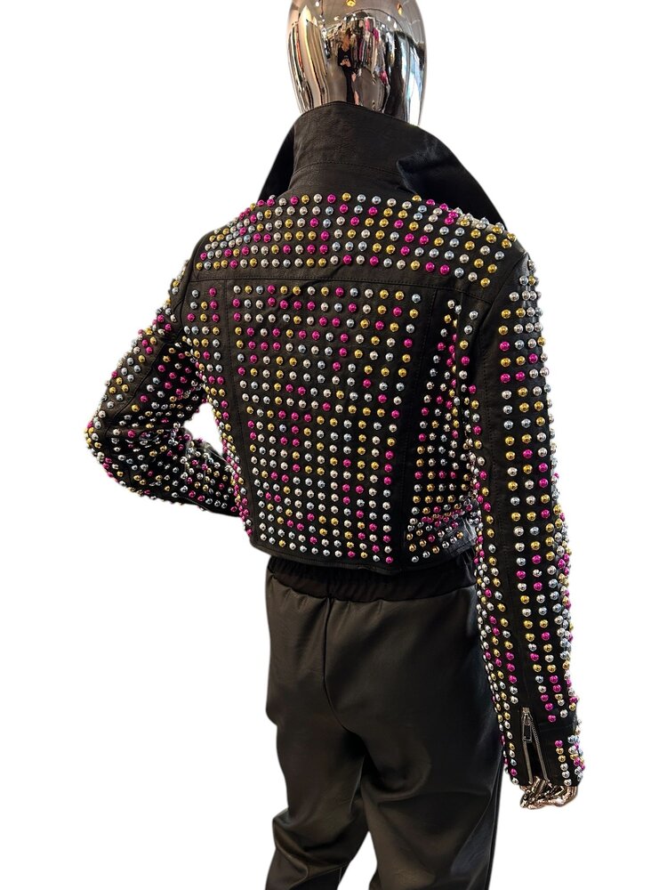 USA Cropped Moto Jacket With Studs -BlackLB282R1