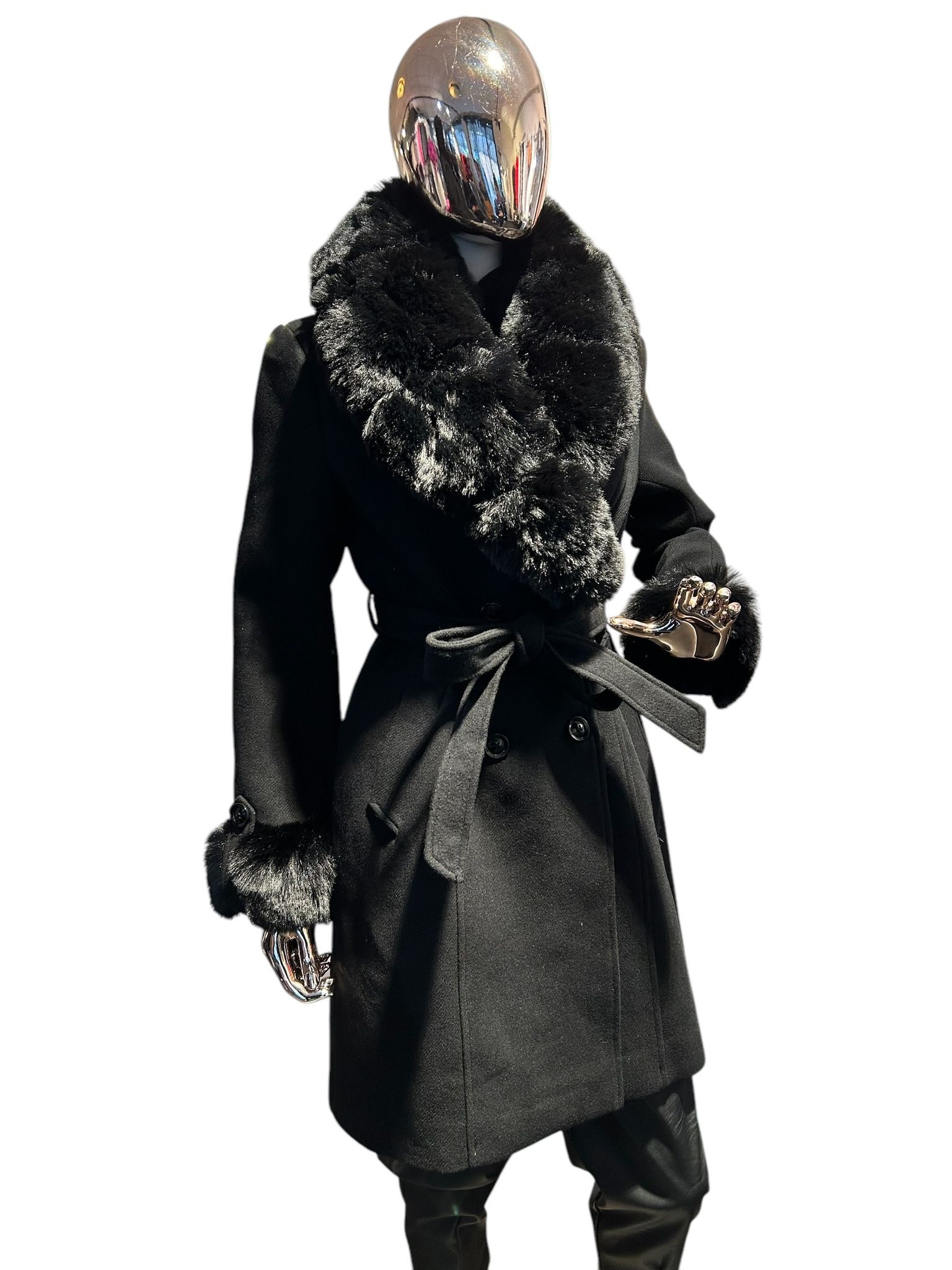 USA Belted Vegan Wool Coat With Removable Fur Cuffs Fur Collar