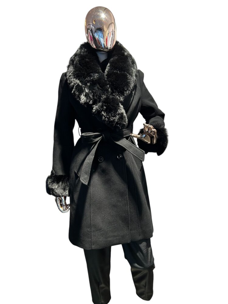 USA Belted Vegan Wool Coat With Removable Fur Cuffs & Fur Collar -Black WB440F3