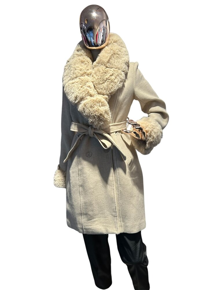 Belted Vegan Wool Coat With Removable Fur Cuffs & Fur Collar -Beige WB440F3