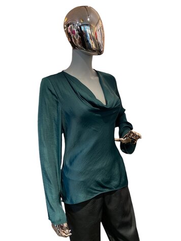 USA Satin Cowl Neck Long Sleeve Blouse-Deep Forest EB116825