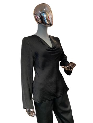 USA Satin Cowl Neck Long Sleeve Blouse-Black EB116825