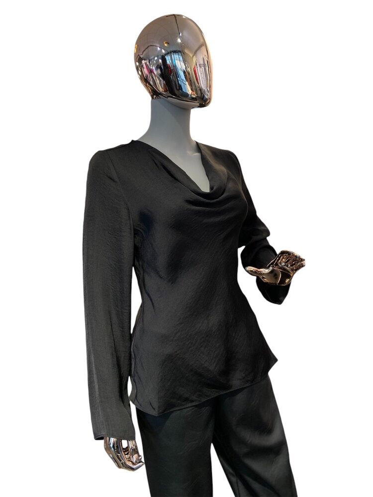 USA Satin Cowl Neck Long Sleeve Blouse-Black EB116825