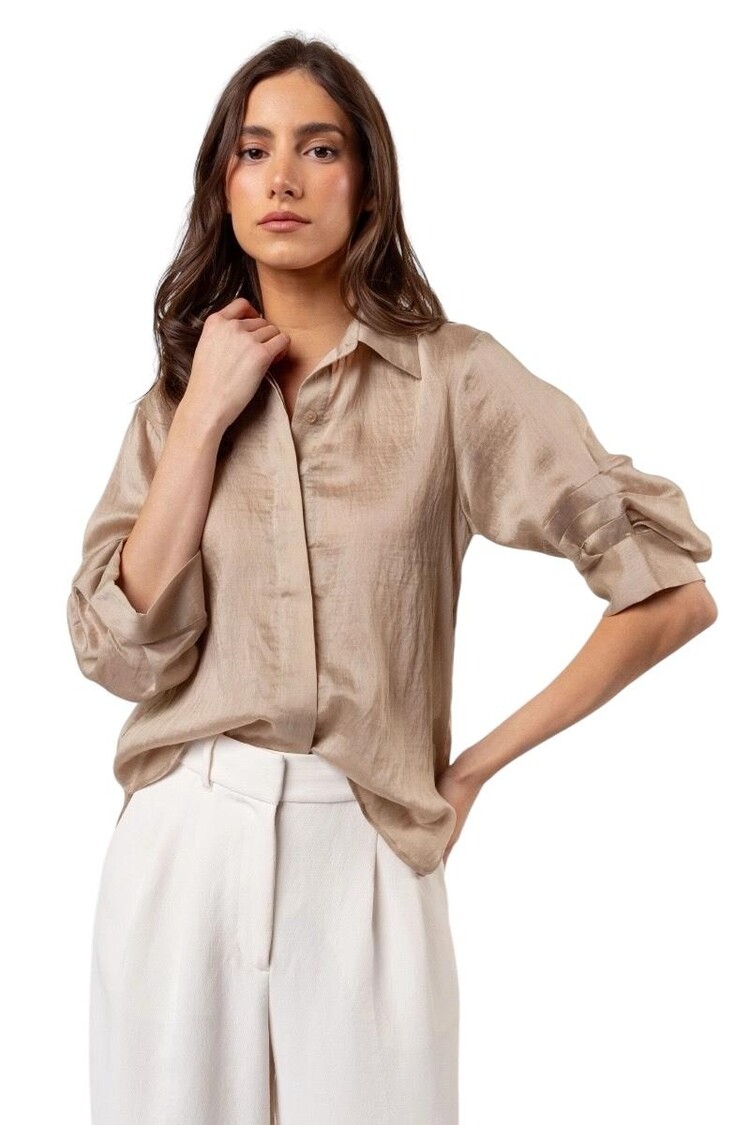 USA Pleated Short Sleeve Button Up Blouse- Tan WB5114