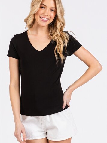 USA Double Layer V-Neck Short Sleeve Fitted Top- Black NT31442