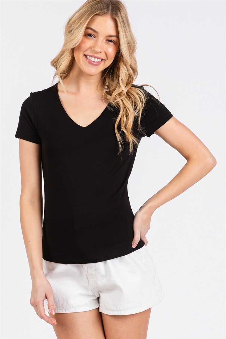 USA Double Layer V-Neck Short Sleeve Fitted Top- Black NT31442
