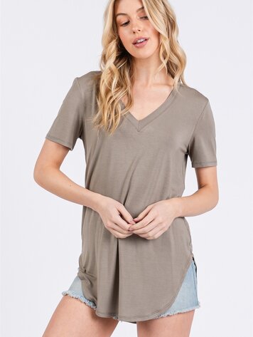 USA Double Layer V-Neck Short Sleeve Fitted Top- Fog NT31442