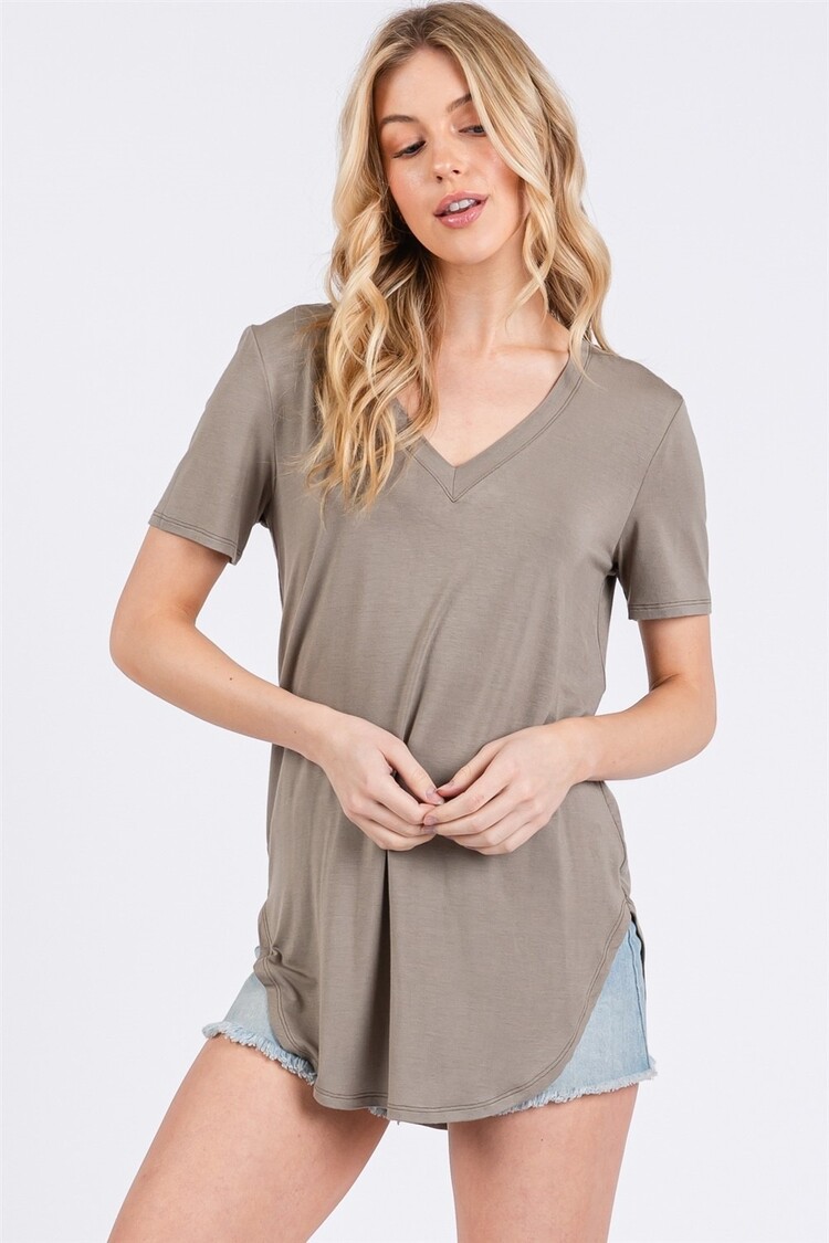 USA Double Layer V-Neck Short Sleeve Fitted Top- Fog NT31442