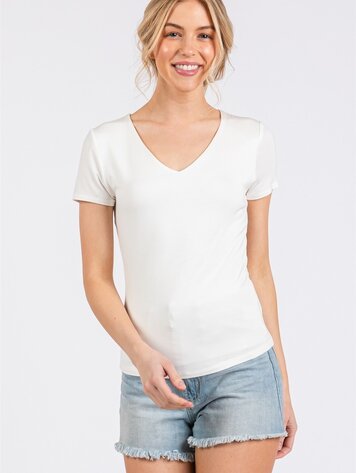 USA Double Layer V-Neck Short Sleeve Fitted Top- Ivory NT31442