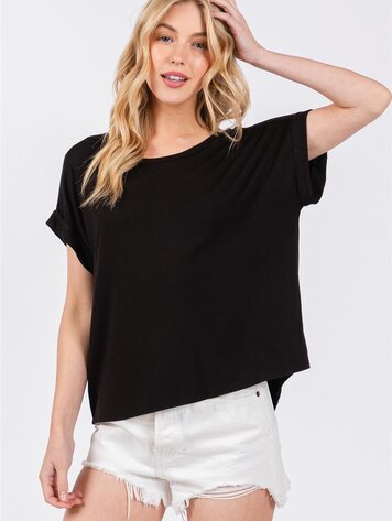 USA Rayon/Modal Drop Shoulder Crew Neck Top-Black T31048