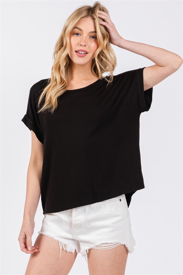 USA Rayon/Modal Drop Shoulder Crew Neck Top-Black T31048