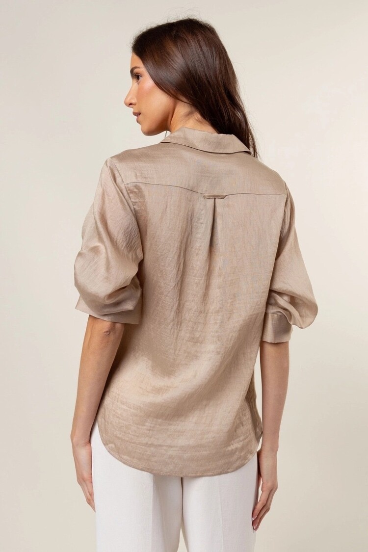 USA Pleated Short Sleeve Button Up Blouse- Tan WB5114