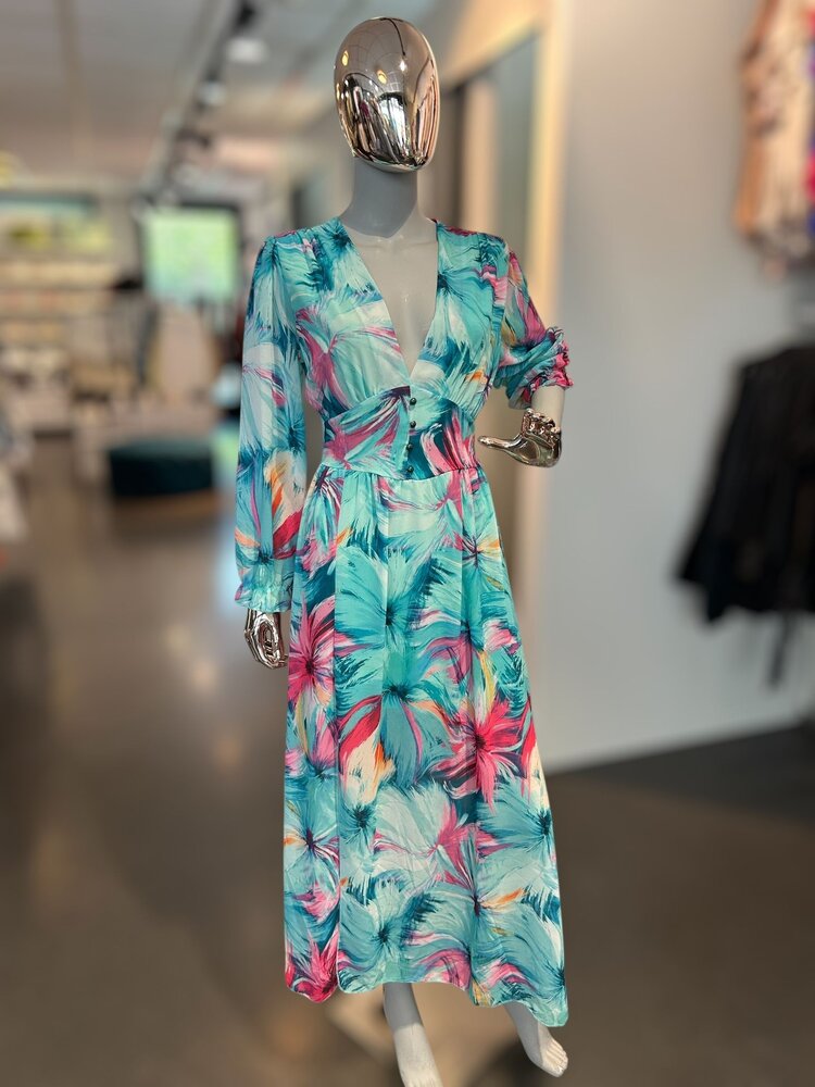 Paris Aqua Floral Dress Long
