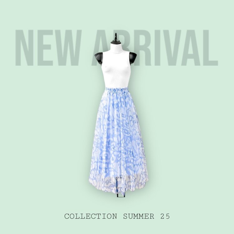 Paris Pleated Tulle Midi Skirt White-Blue