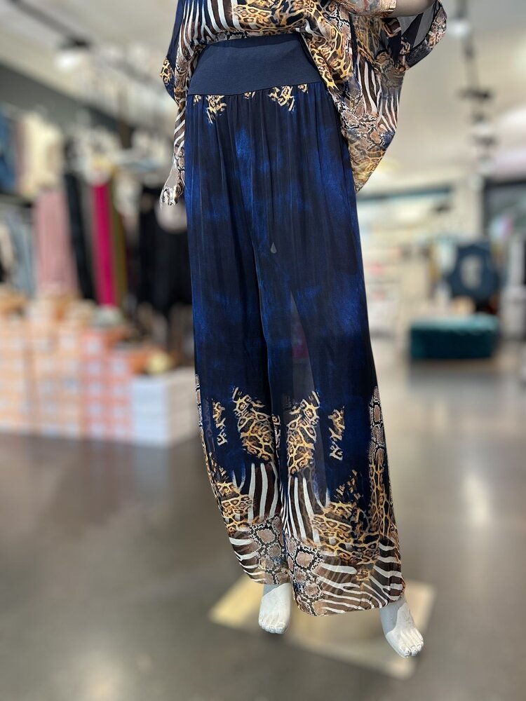 Paris Silk Pants W/ Animal Print - Navy 20612