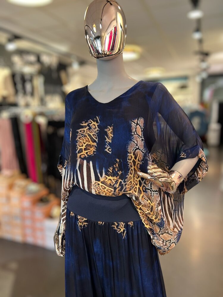 Paris Silk Top W/ Animal Print - Navy 50519