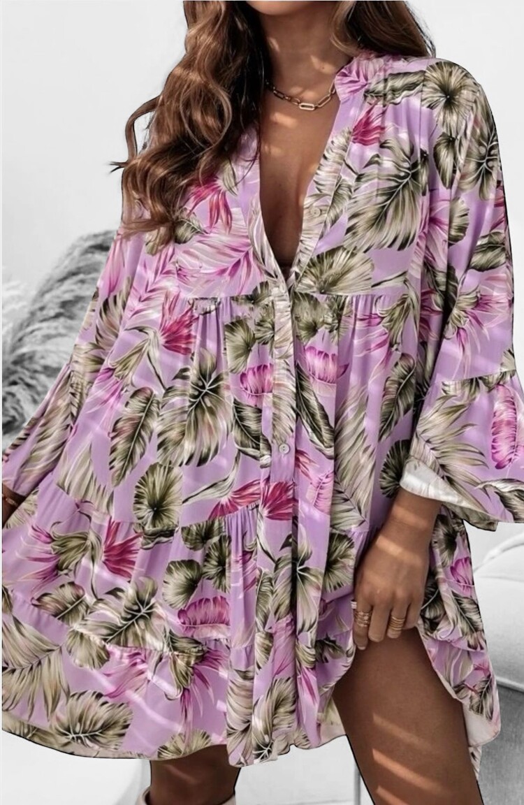 Paris Boho Viscose Dress - Tropical Blossom Breeze