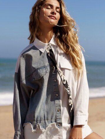 Paris Asymmetric Mixed Fabric Shirt - Denim & Cotton