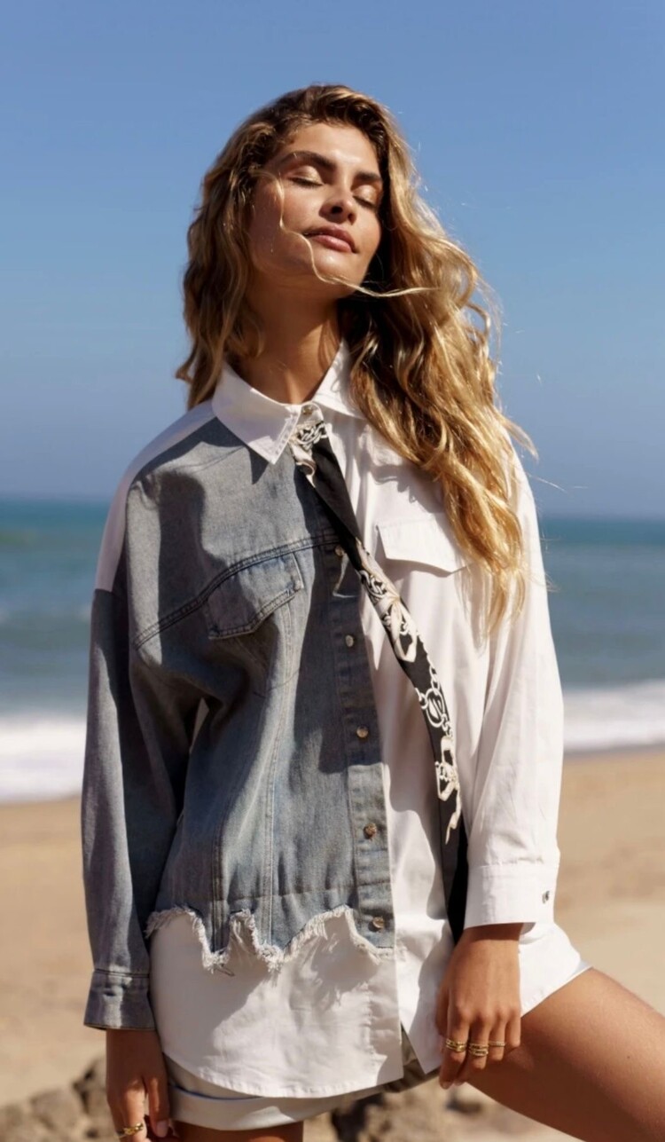 Paris Asymmetric Mixed Fabric Shirt - Denim & Cotton