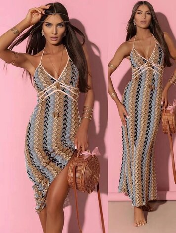 Paris Strappy Knit-Look Maxi Dress -  Blue & Brown