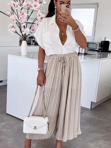 Paris Elegant Chiffon Pleated Pants - Beige