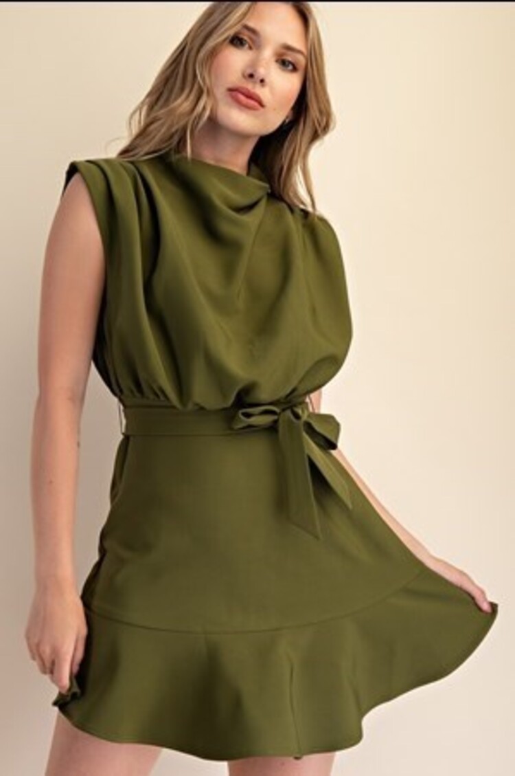 USA Cowl Neck Sleeveless Mini Dress-Olive GD9144