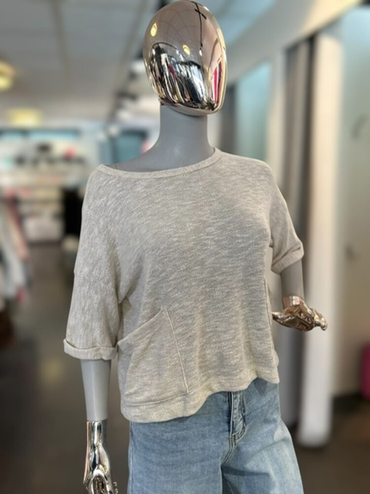 USA Round Neck Front Patch Pocket Top-Oatmeal T31214