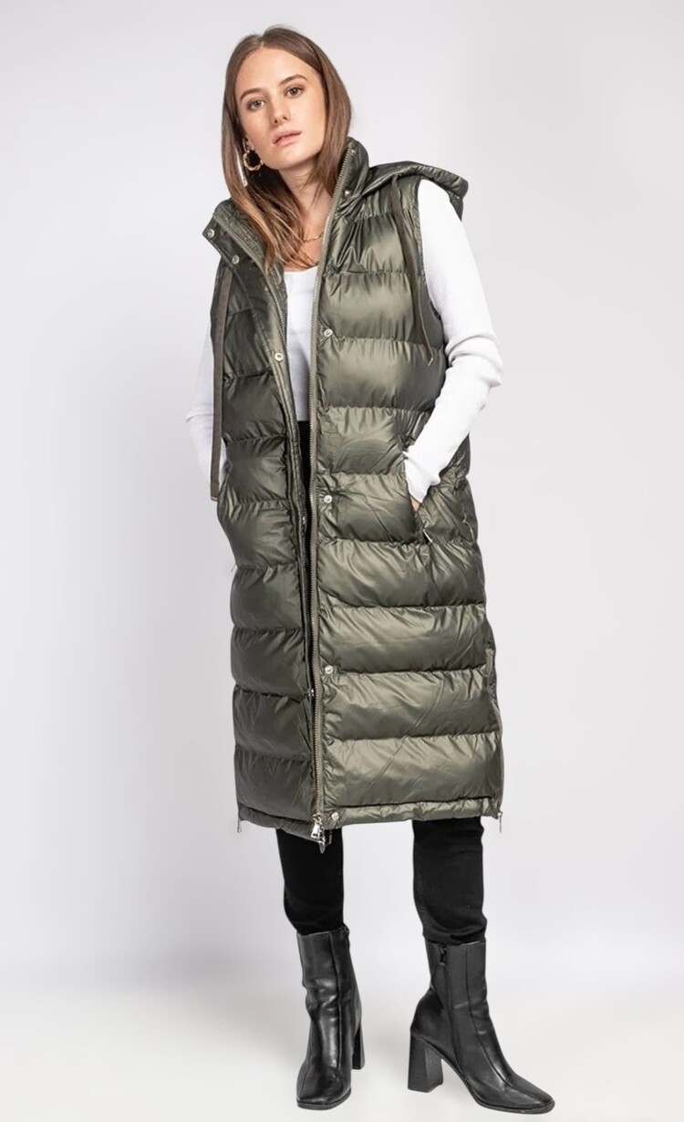 Paris Long Hooded Puffer Vest-Olive