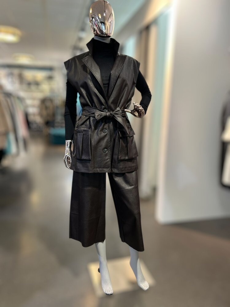 Italy Midnight Leather Belted Vest-Brown