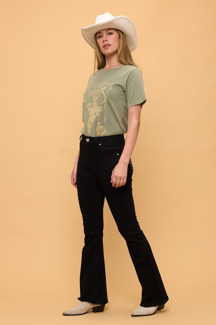 USA Bootcut Embroidered Stretchy Women's Jeans With Rhinestones-Black WF-011