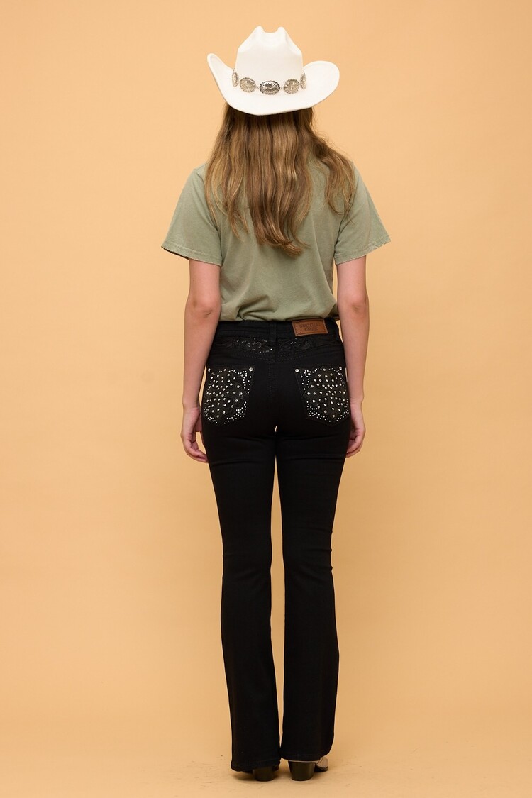 USA Bootcut Embroidered Stretchy Women's Jeans With Rhinestones-Black WF-011